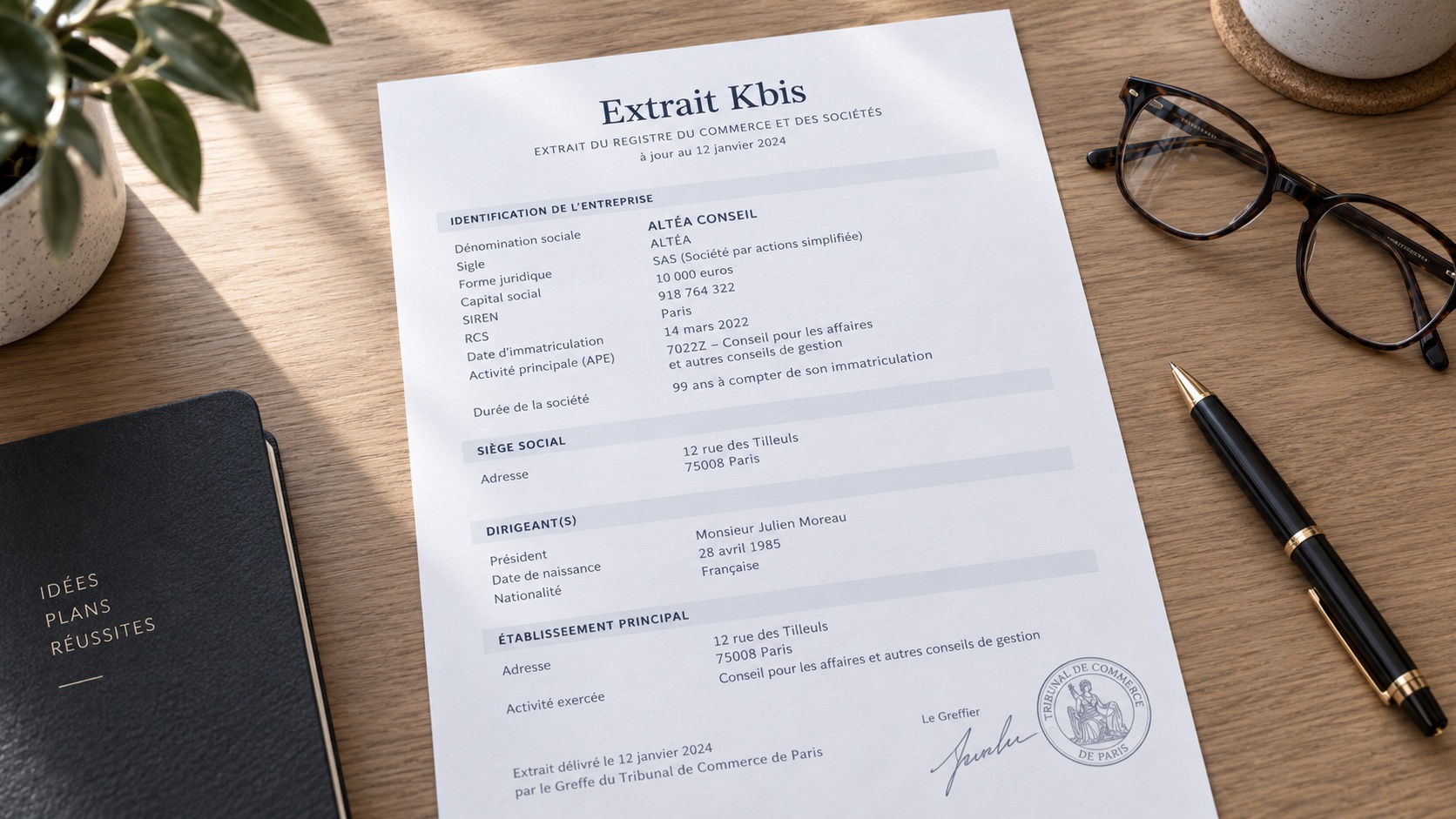 Illustration d’un extrait Kbis posé sur un bureau, avec ses informations d’immatriculation visibles