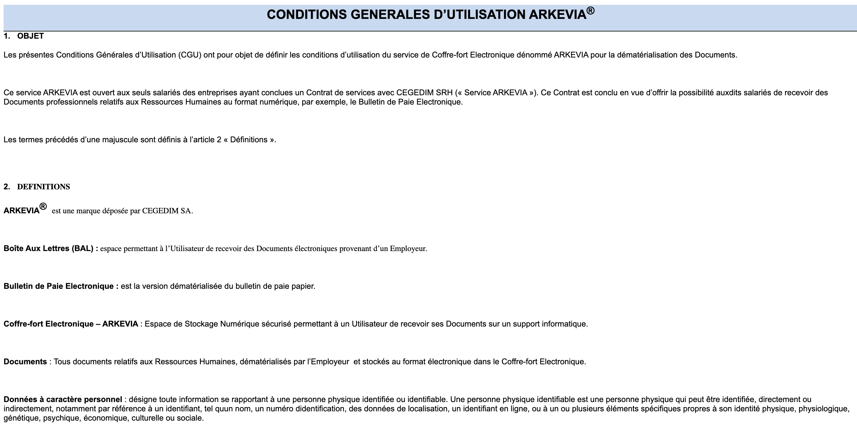 Conditions d'utilisation arkevia